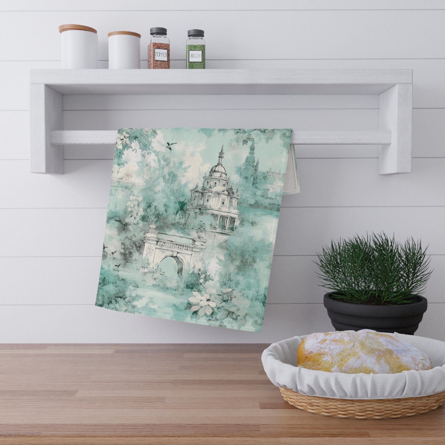 Mint French Country Toile (City) Tea Towel (cotton twill)