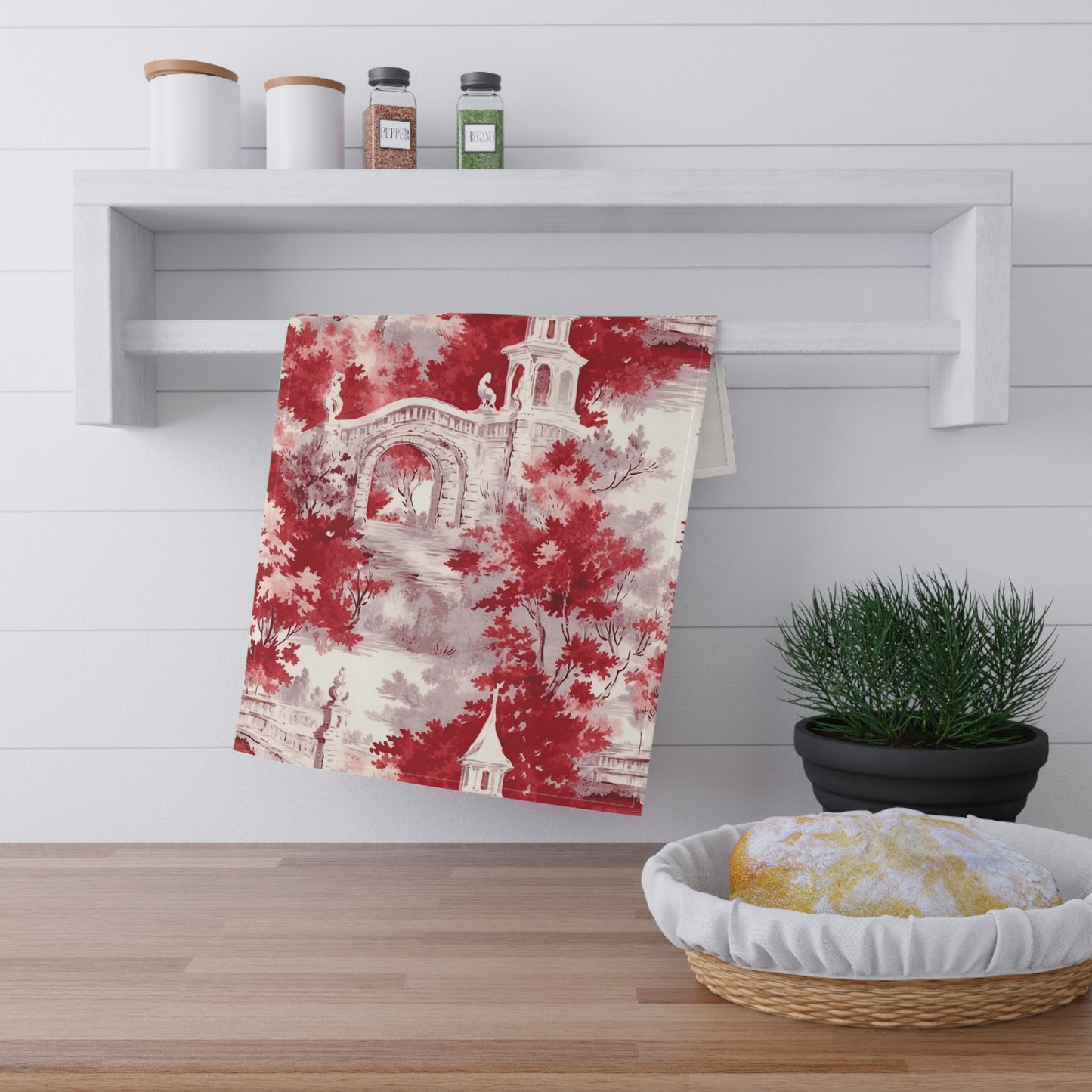 Red French Country Toile (Bridge) Tea Towel (cotton twill)