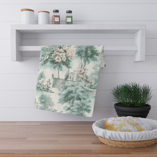 Mint French Country Toile (Church) Tea Towel (cotton twill)