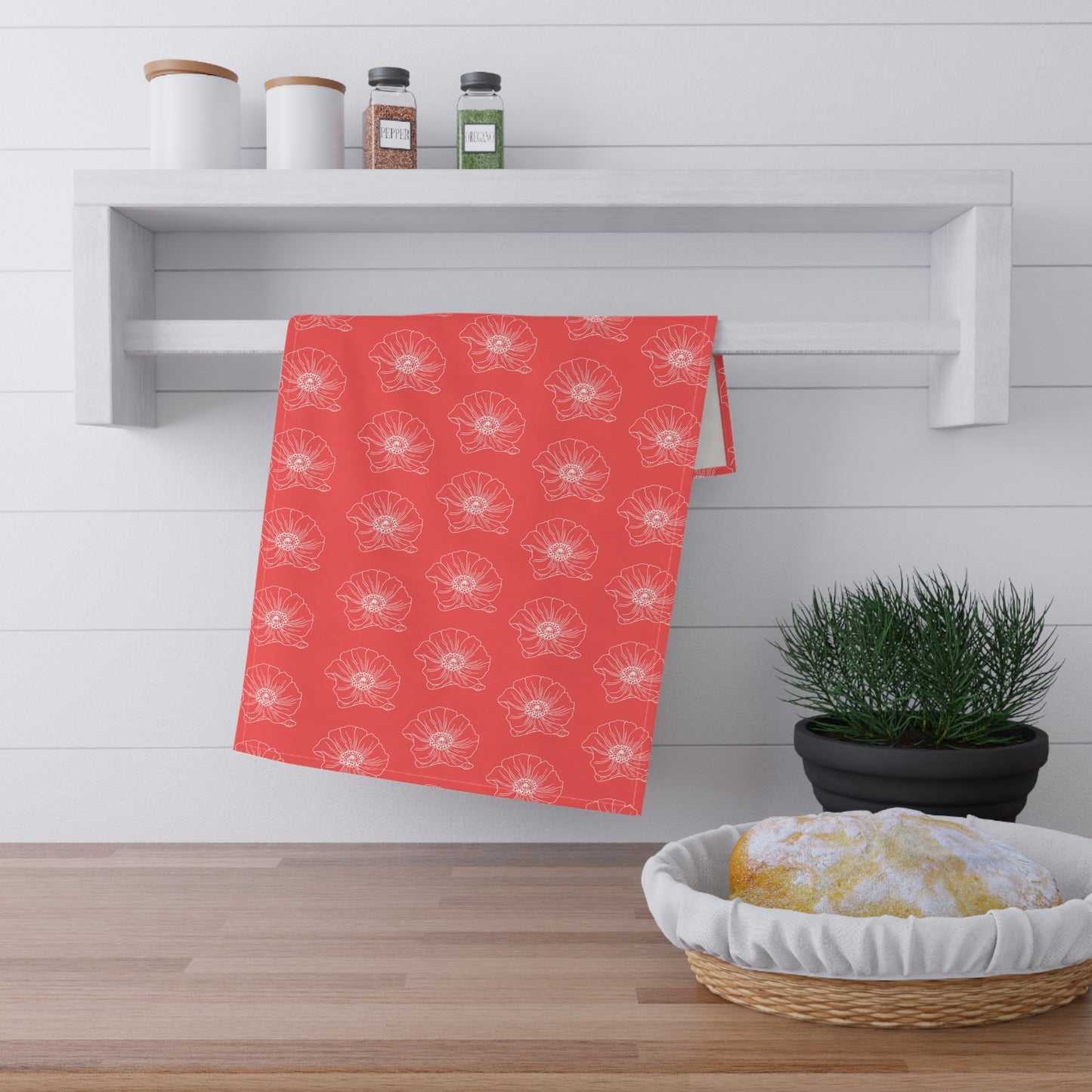 Red w/ Flowers Tea Towel