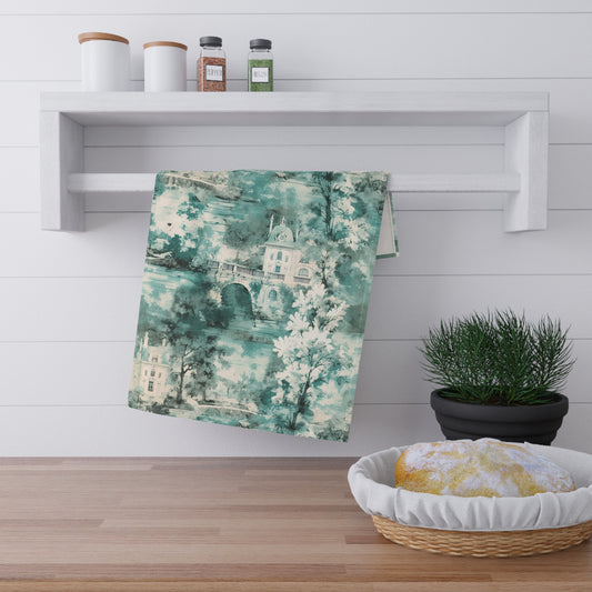 Mint French Country Toile (Manor) Tea Towel (cotton twill)