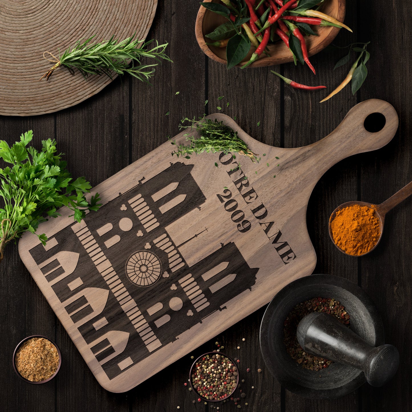 Personalized Notre Dame Hardwood Paddle Cutting Board