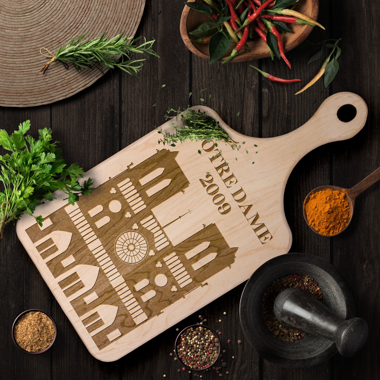 Personalized Notre Dame Hardwood Paddle Cutting Board