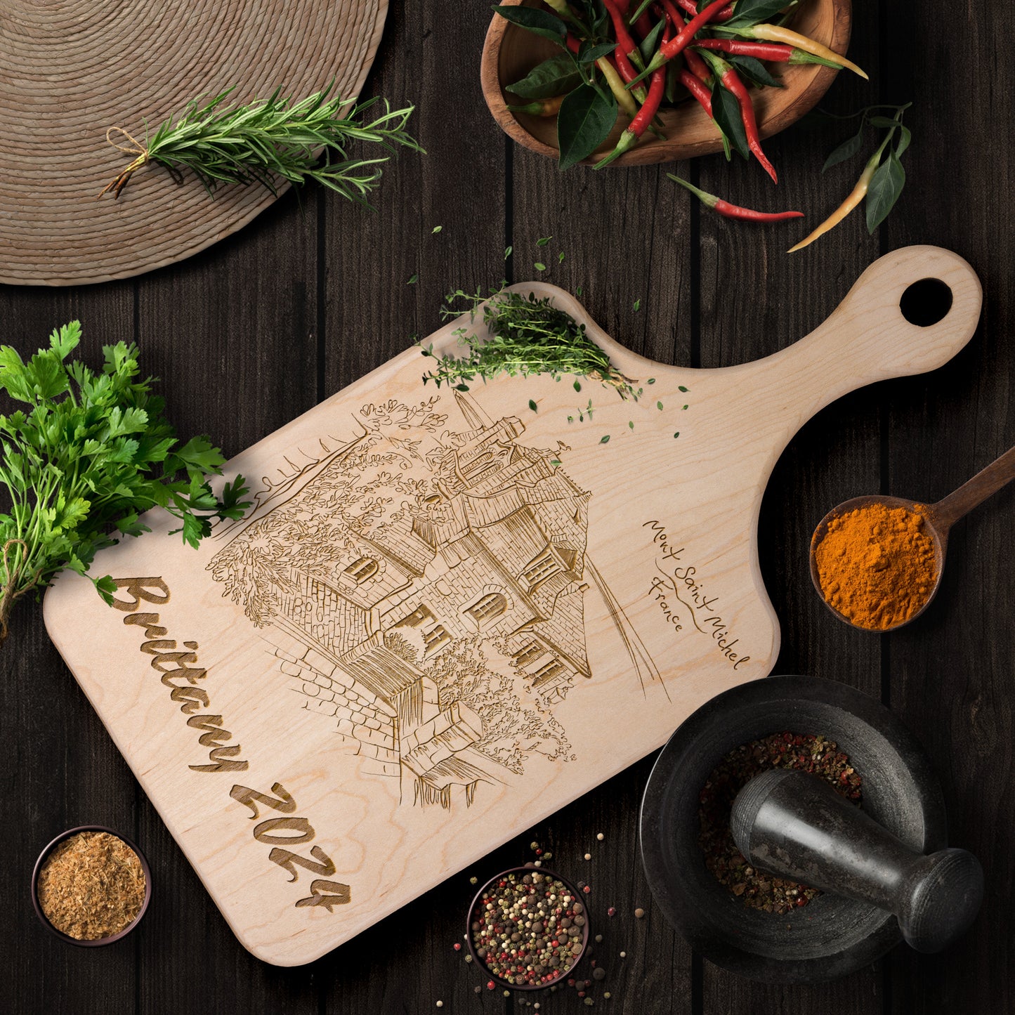 Personalized Brittany France Hardwood Paddle Cutting Board